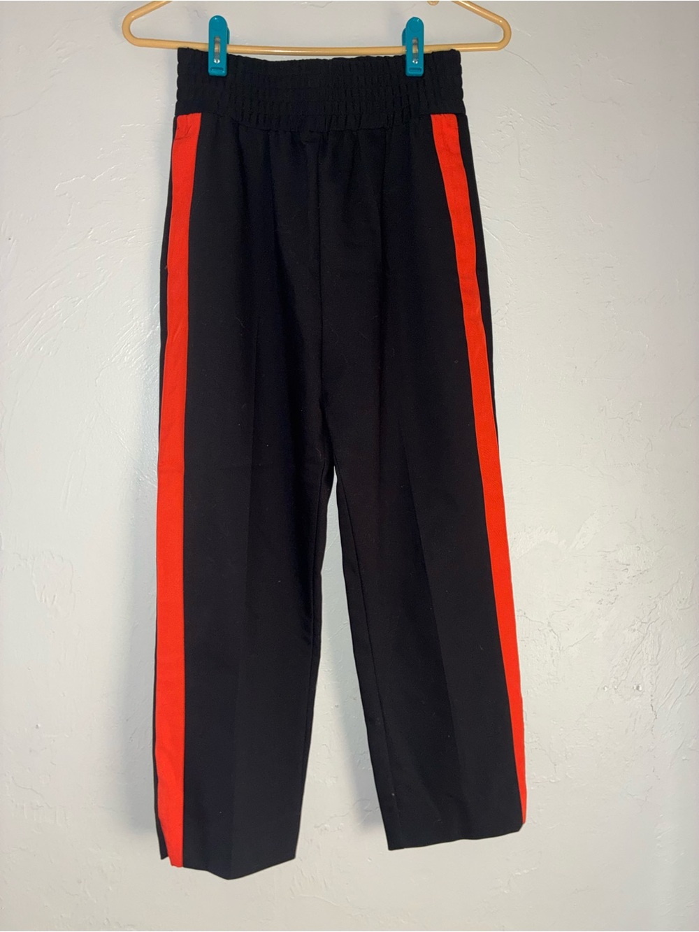 Maje Black Straight-Leg Pants with Red/orange Side Stripes